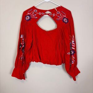 Free People Red with Purple Embroidered Floral Long Sleeve Top XS